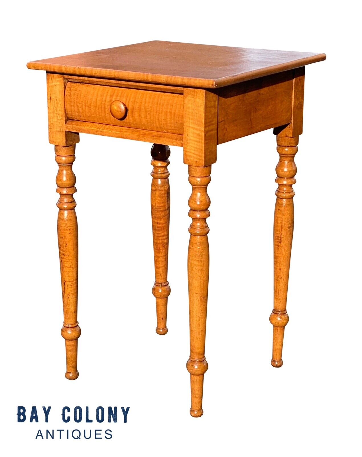 19th C Antique New England Sheraton Tiger Maple Single Drawer Stand / End Table