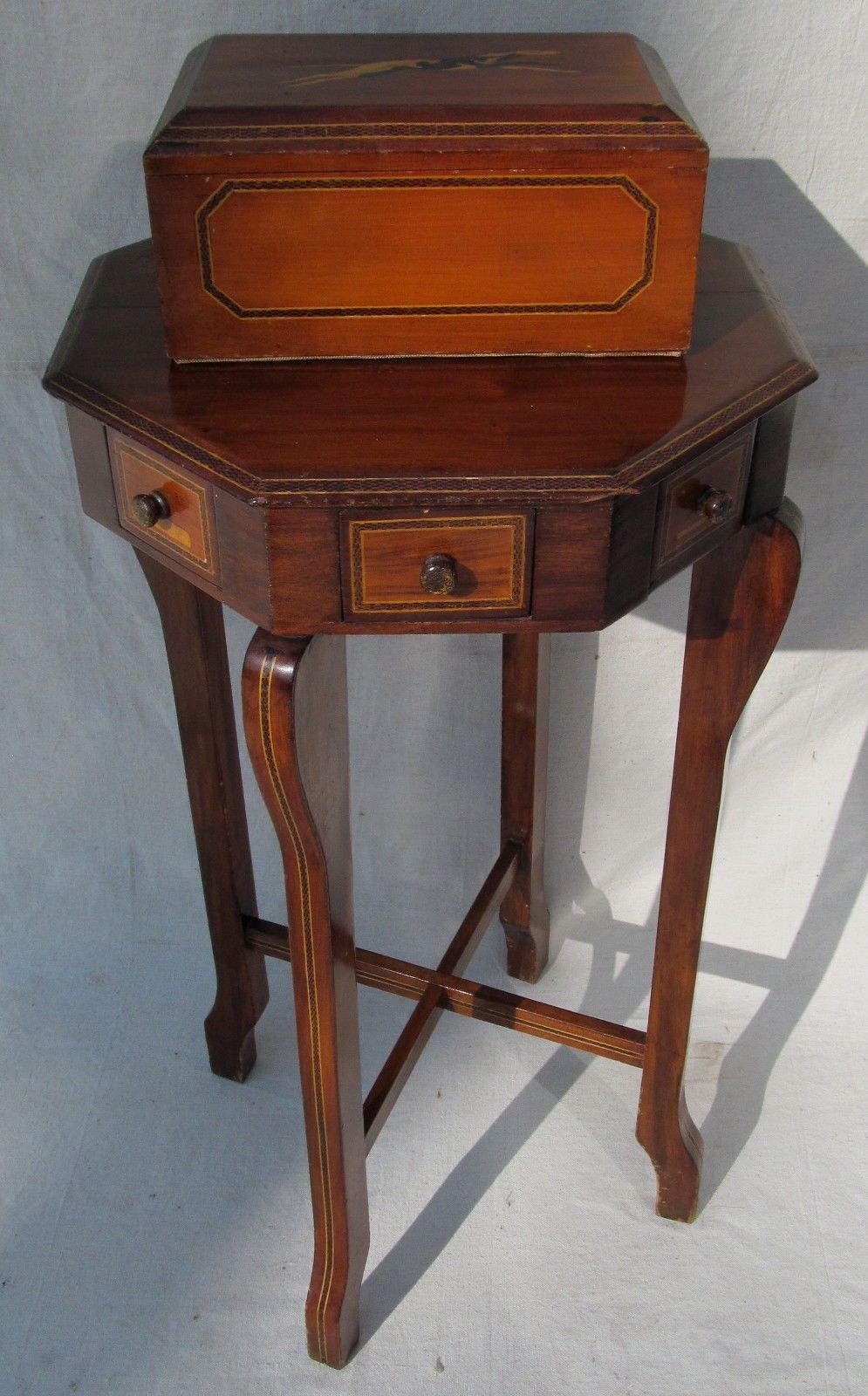 EXCEPTIONAL ANTIQUE FOLK ART INLAID SMOKING STAND WITH MATCHED INLAID HUMIDOR