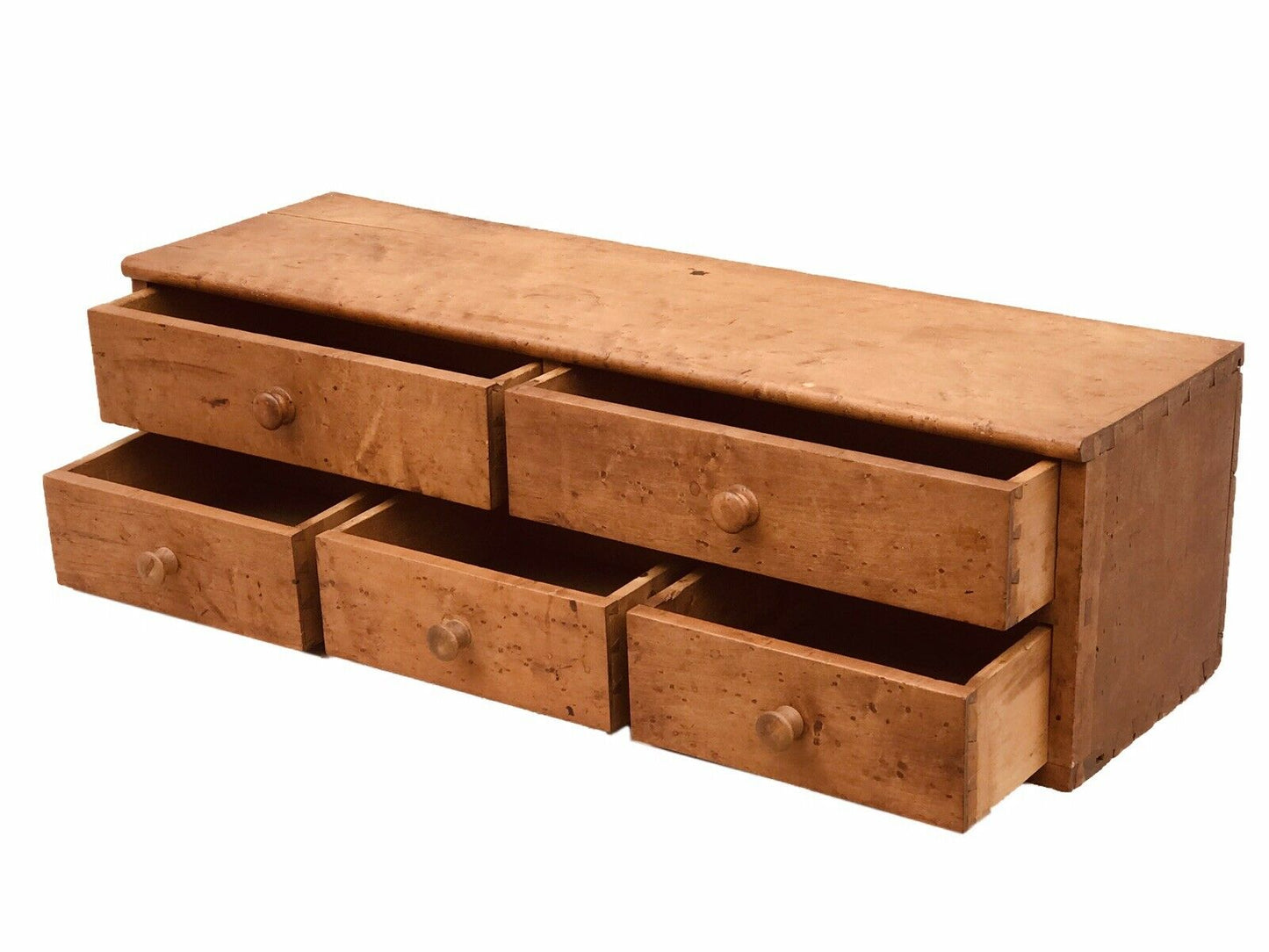 19TH C ANTIQUE SHAKER BIRDS EYE MAPLE 5 DRAWER PRIMITIVE SPICE BOX