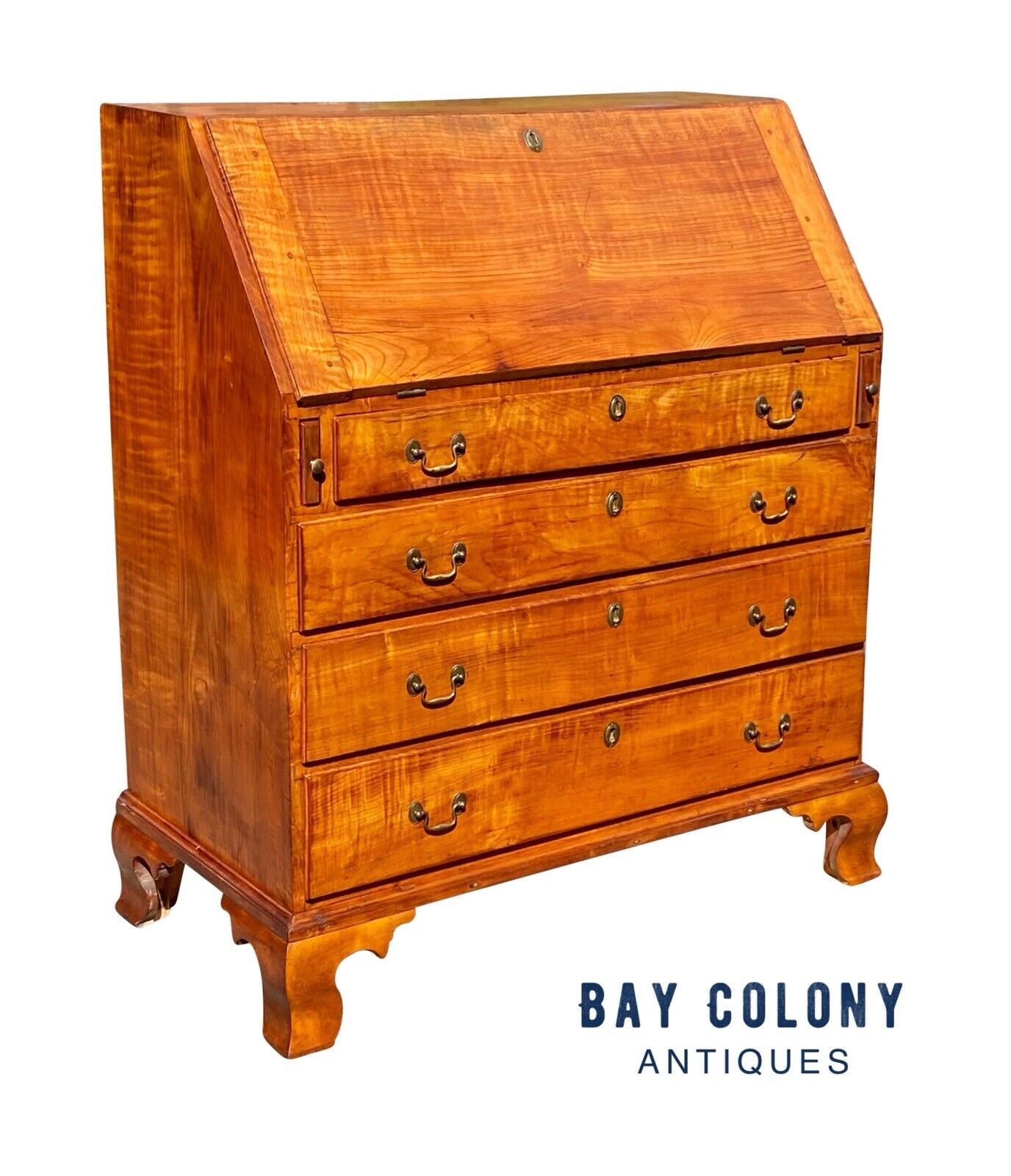 18th C Antique New England Chippendale Apple Wood Slant Lid Secretary Desk