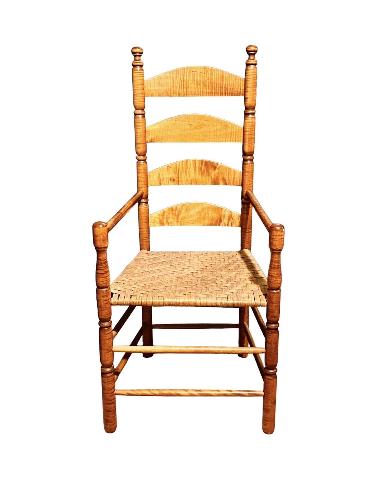 Vintage Pair of William & Mary Style Tiger Maple Ladder Back Armchairs