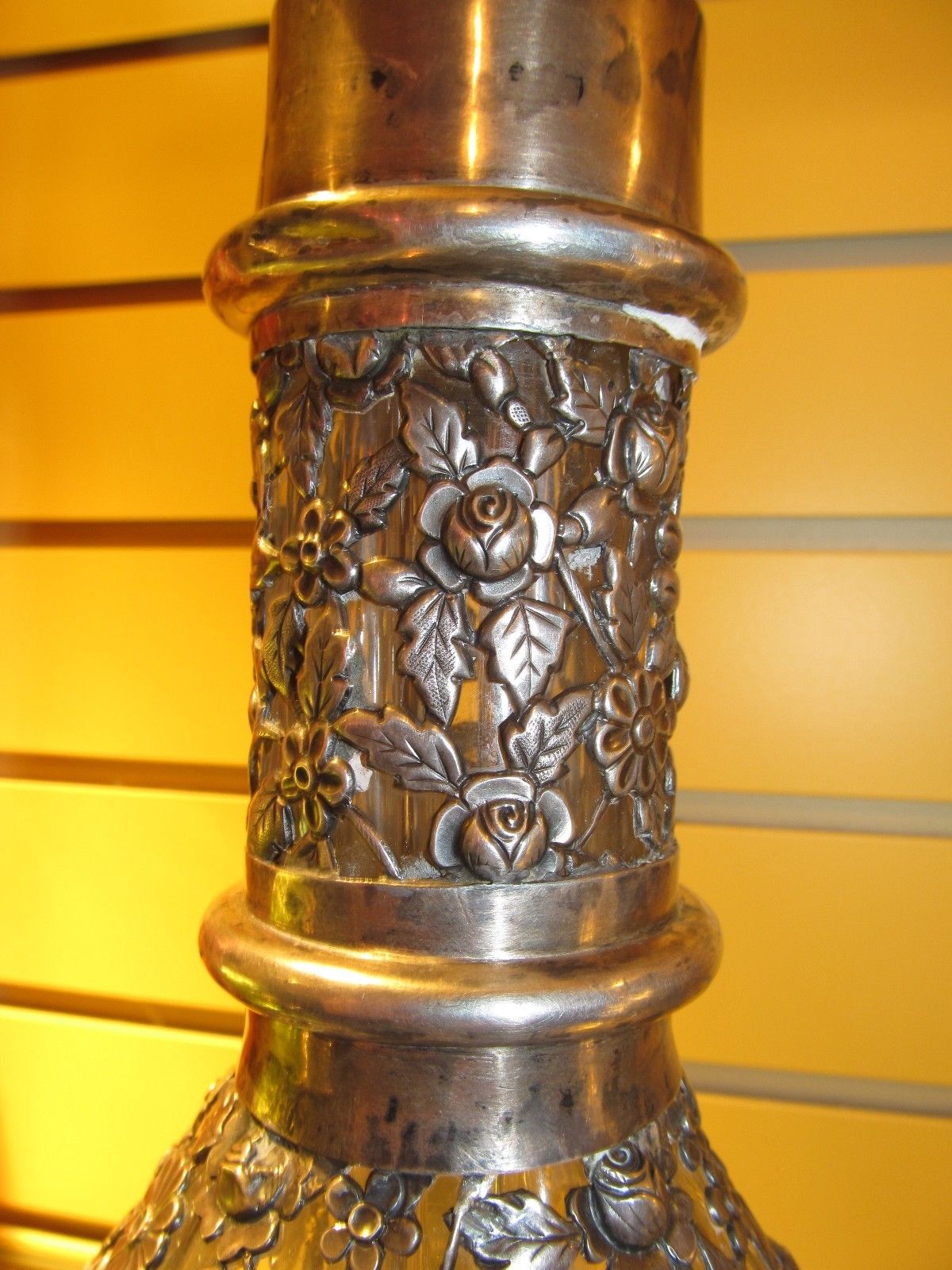 STERLING SILVER FRENCH 4 CHAMBER LIQUOR DECANTER-FINE FLORAL REPOSE WORK