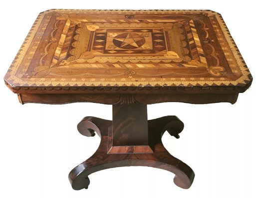 19TH C ANTIQUE SOUTHERN MAHOGANY & WALNUT VARIEGATED INLAY GAME TABLE / CONSOLE