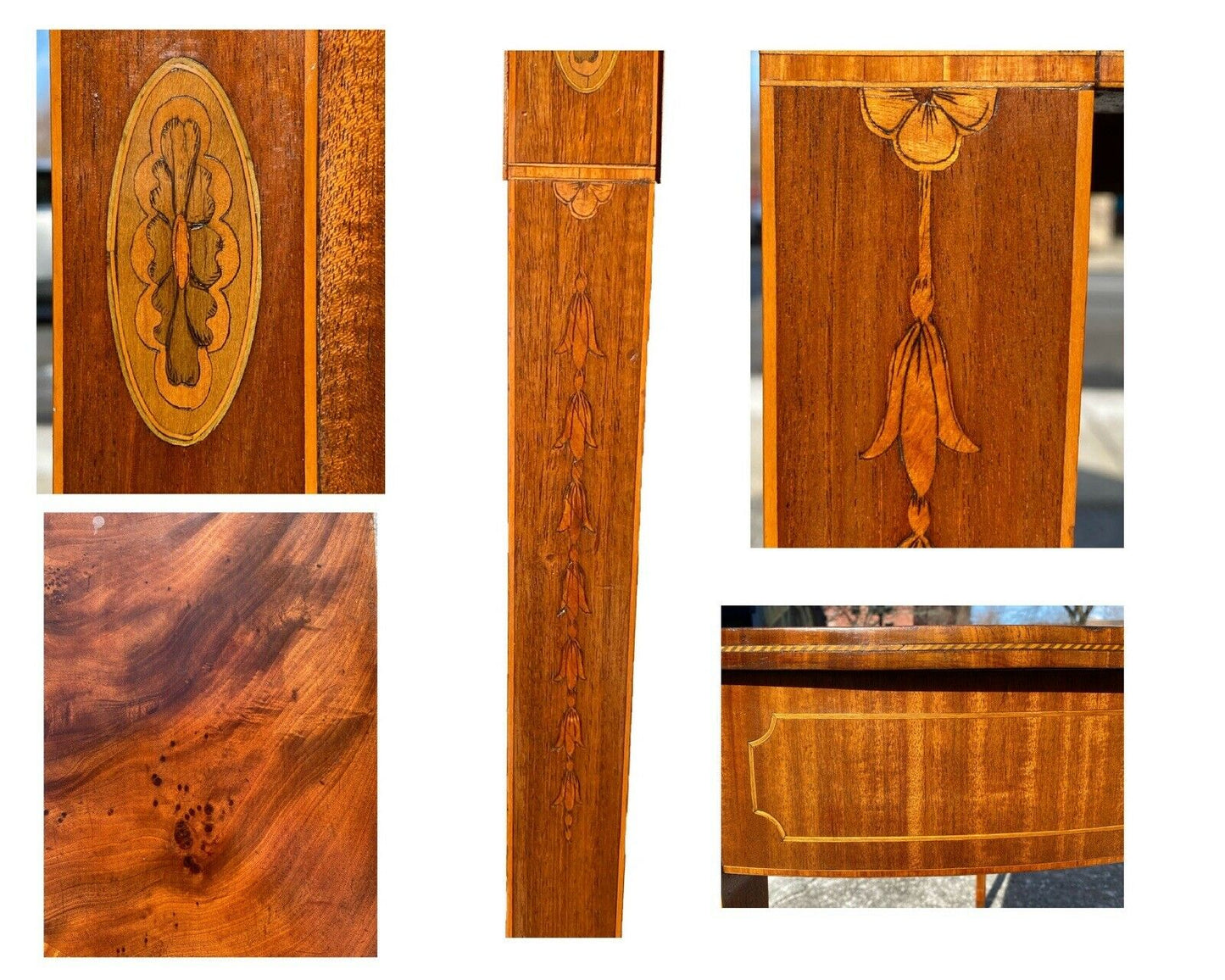 20th C Antique Mahogany Demilune Console Table W/ Satinwood Bellflower Inlays