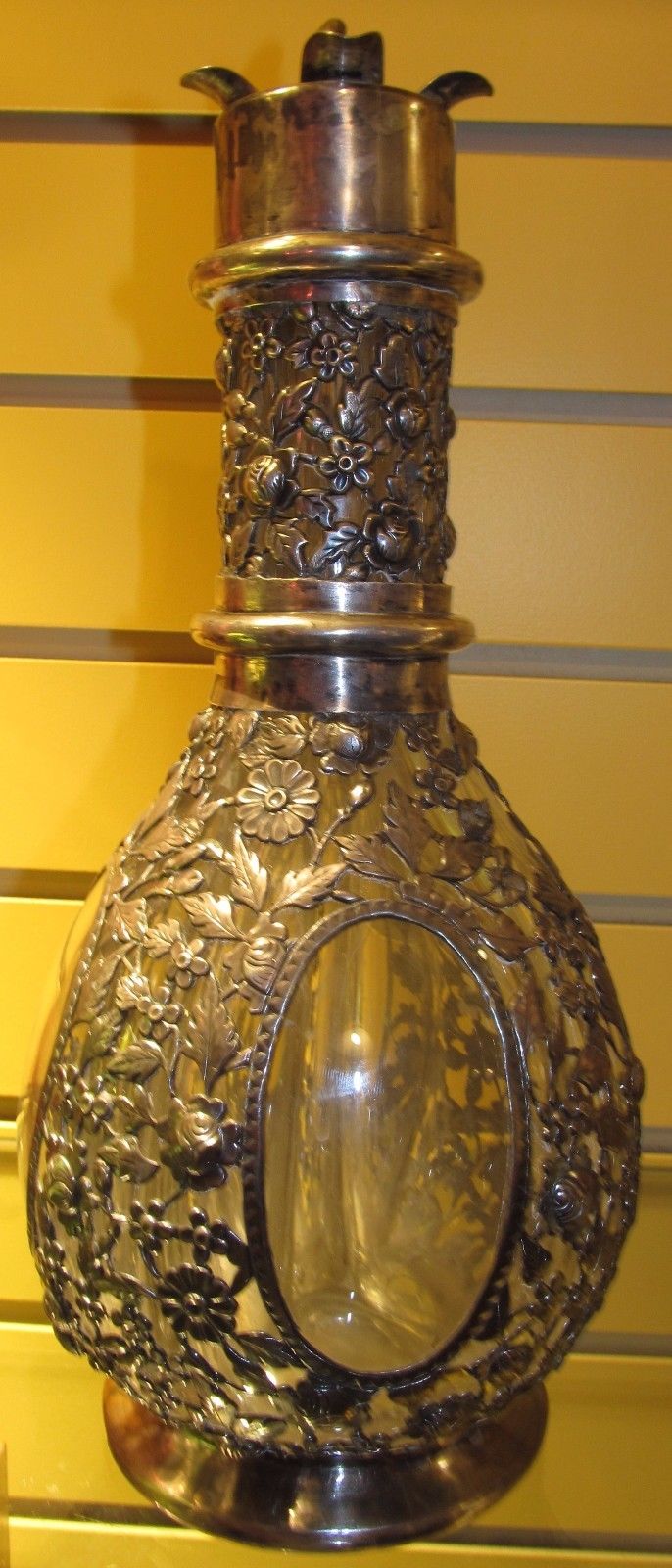 STERLING SILVER FRENCH 4 CHAMBER LIQUOR DECANTER-FINE FLORAL REPOSE WORK