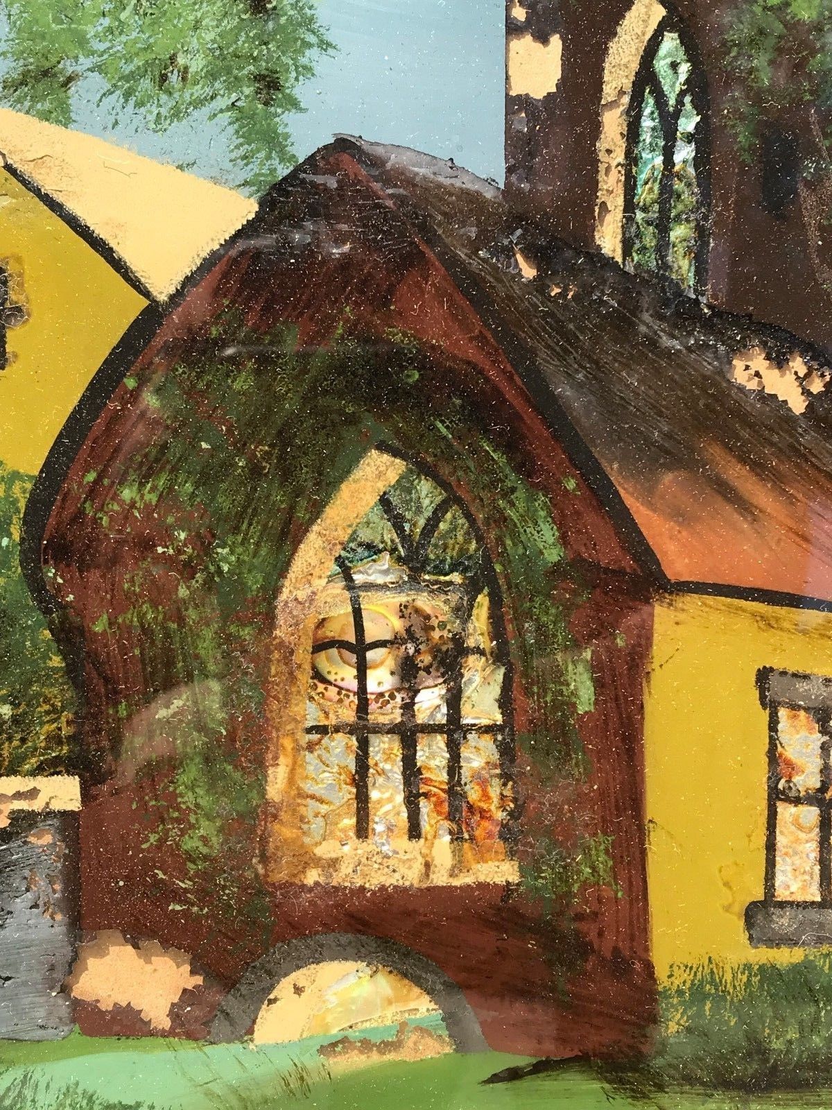 19TH C. NEW ENGLAND COTTAGE LANDSCAPE W/ MOTHER OF PEARL ILLUMINATED MOON