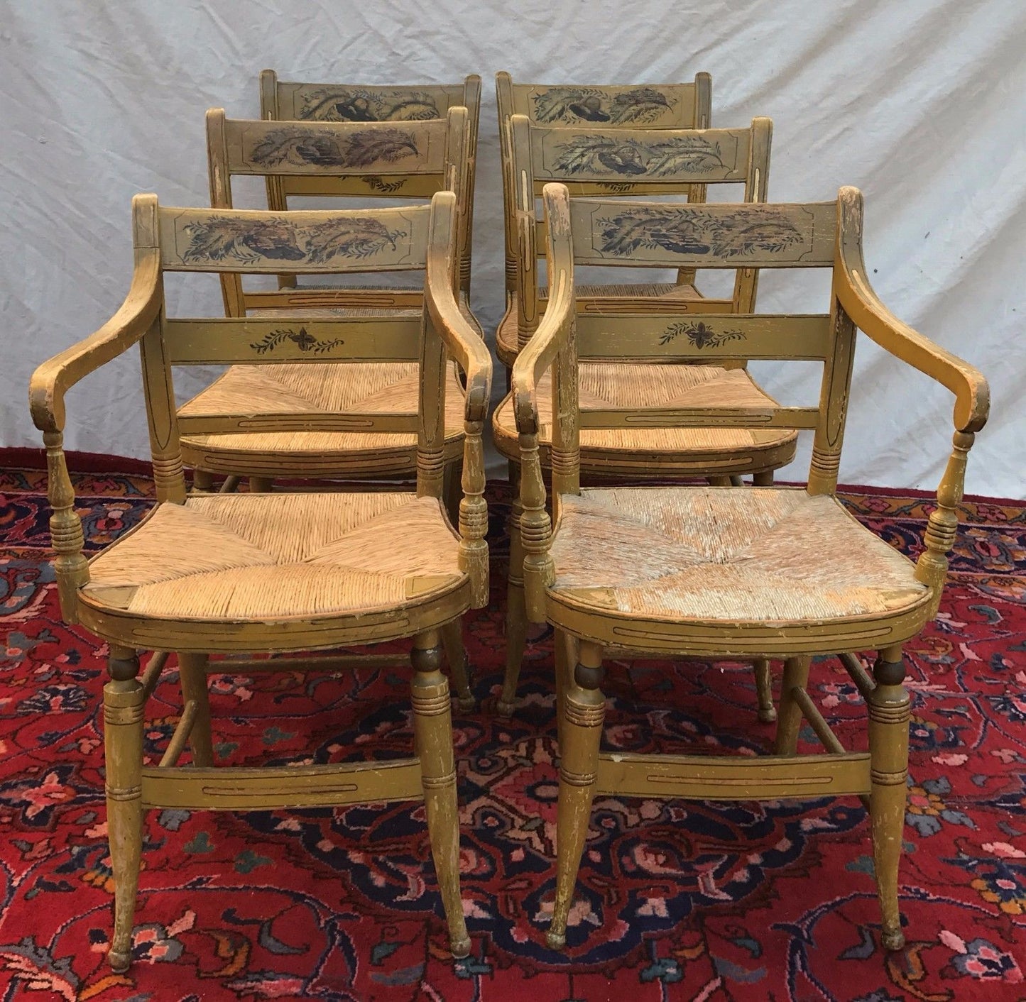 SET OF SIX ANTIQUE SHERATON FANCY CHAIRS IN OLD MUSTARD PAINT