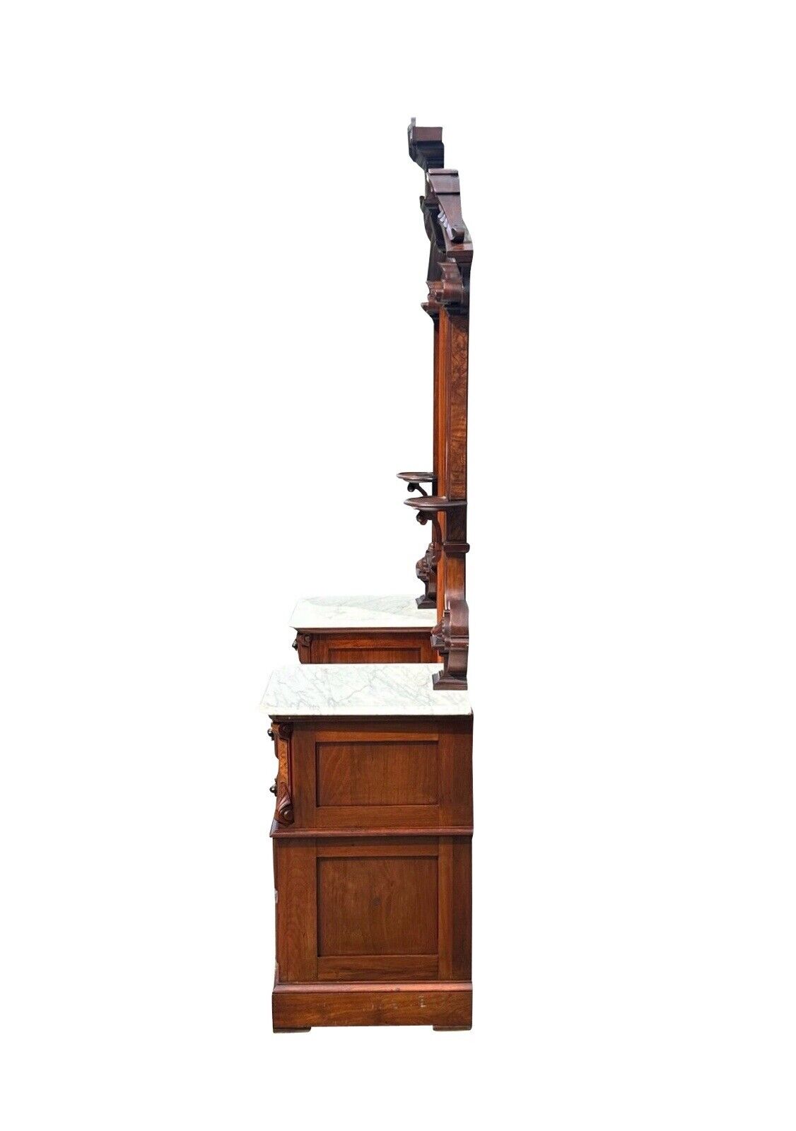Antique Victorian Burled Walnut Marble Top Dresser With Fine Shell Carved Mirror
