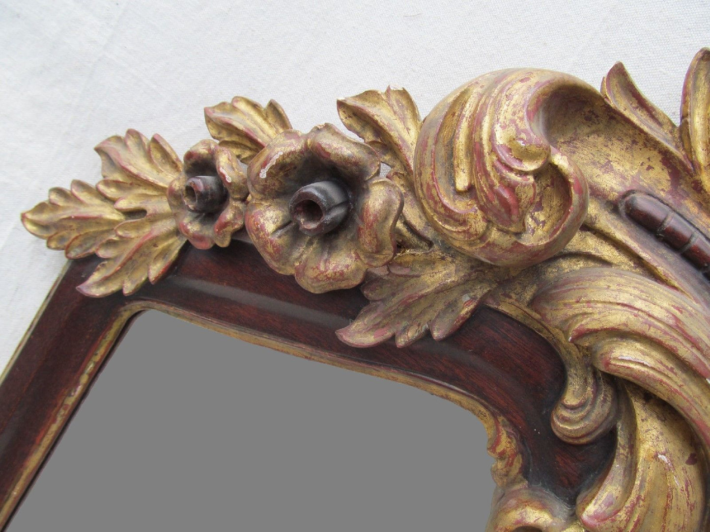 VICTORIAN ROCOCO STYLE ROSEWOOD MIRROR WITH GOLD GILT FLORAL CREST - 62" TALL