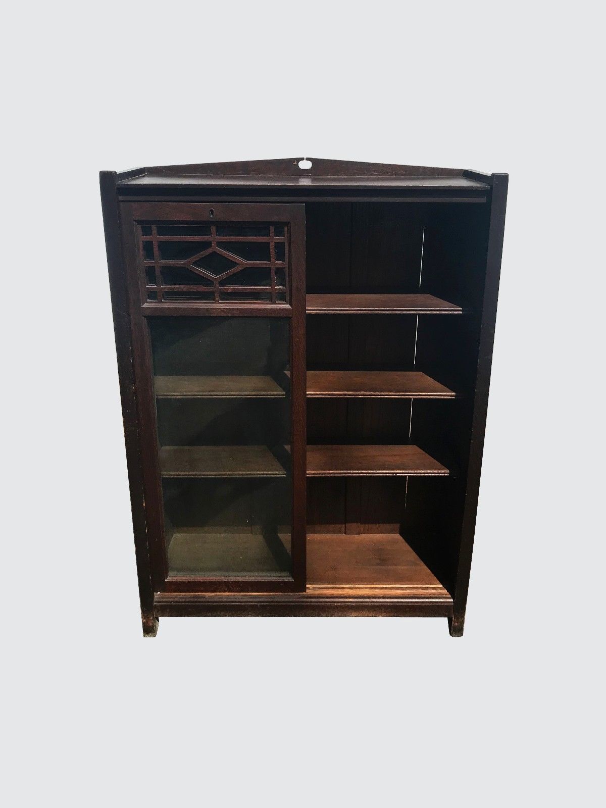 ANTIQUE ARTS & CRAFTS MISSION OAK SLIDING DOUBLE GLASS BOOKCASE W/ TENONED POST