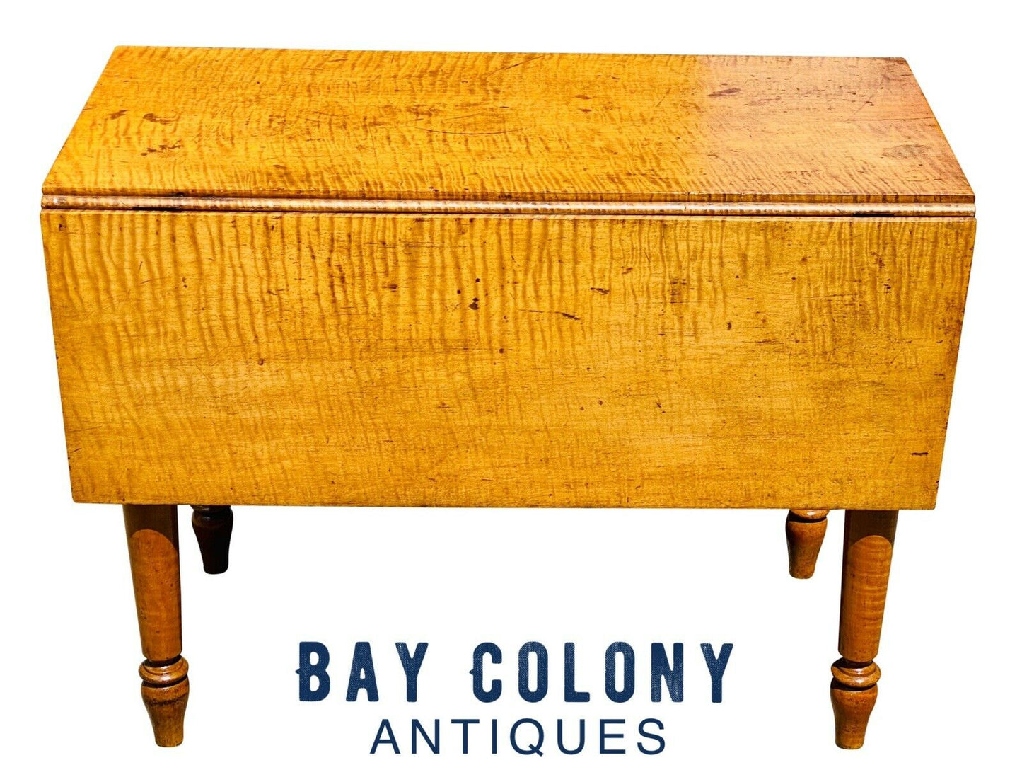 19TH C ANTIQUE COUNTRY PRIMITIVE TIGER MAPLE DROP LEAF DINING TABLE