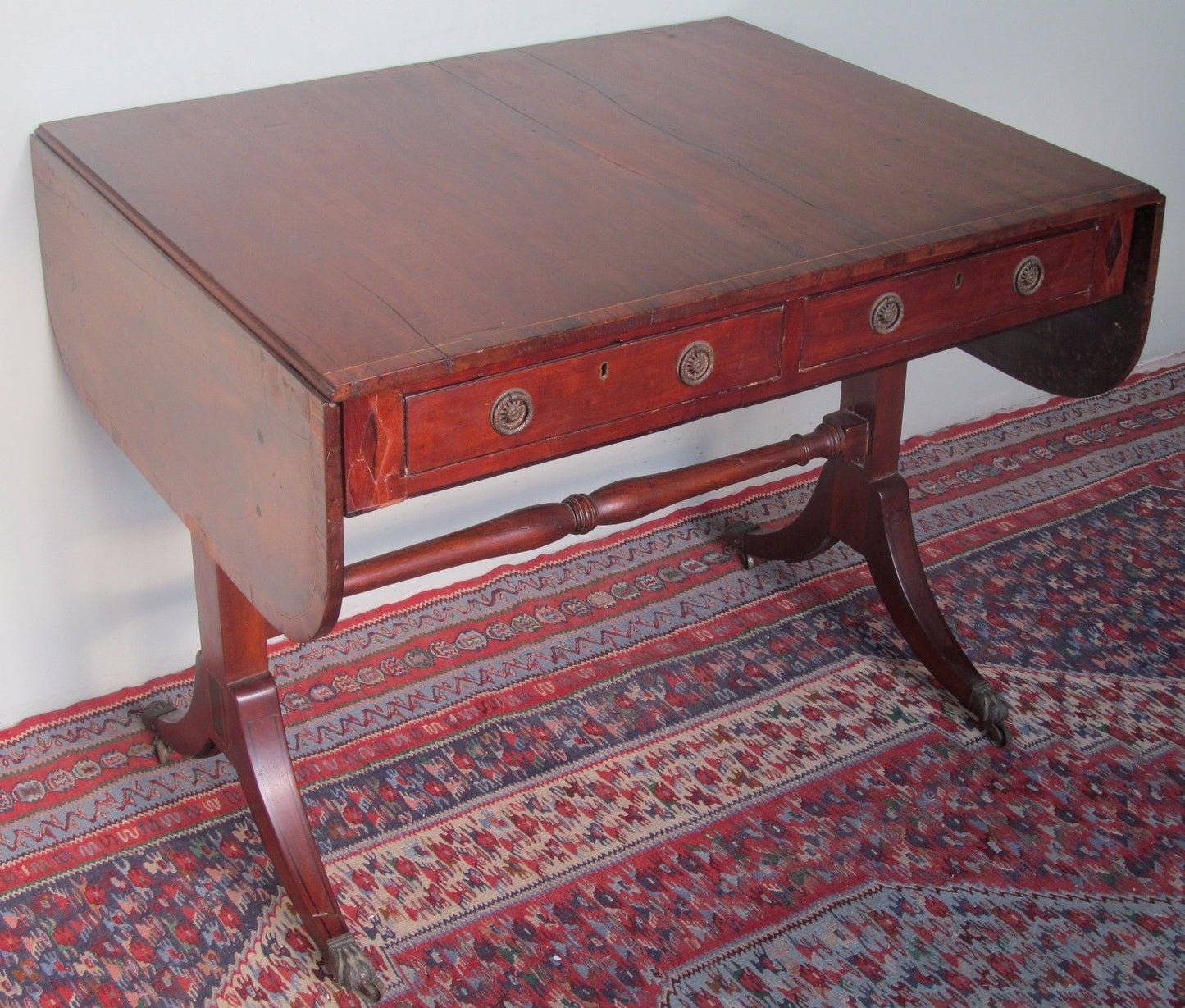 18thC REGENCY PERIOD MAHOGANY W/ ROSEWOOD & EBONY CROSS BANDED INLAID SOFA TABLE