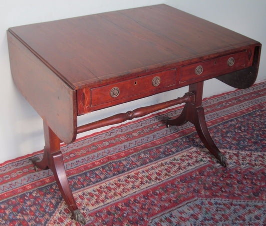18thC REGENCY PERIOD MAHOGANY W/ ROSEWOOD & EBONY CROSS BANDED INLAID SOFA TABLE