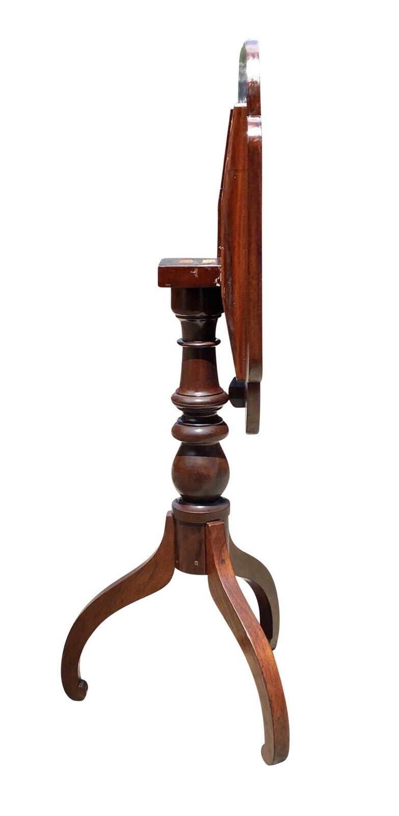 19th C Antique Boston Mahogany Tilt Top Candlestand W/ Scalloped Top