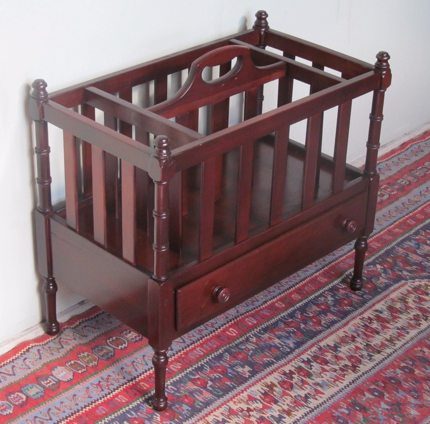 VINTAGE CHIPPENDALE STYLE MAHOGANY CANTERBURY WITH DRAWER