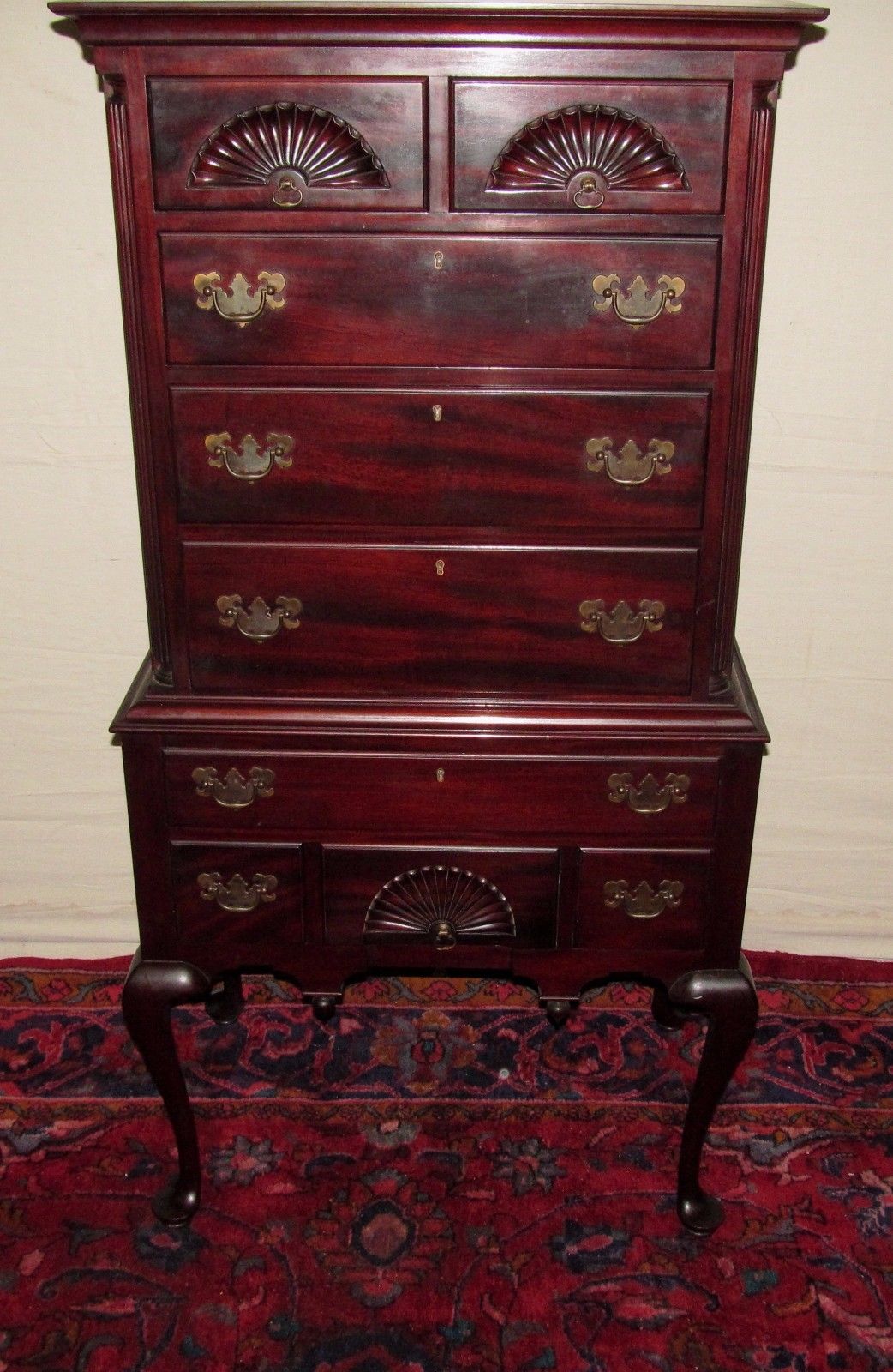 TRIPLE SHELL CARVED 2 PC CHEST ON CHEST SOLID MAHOGANY CHIPPENDALE HIGHBOY