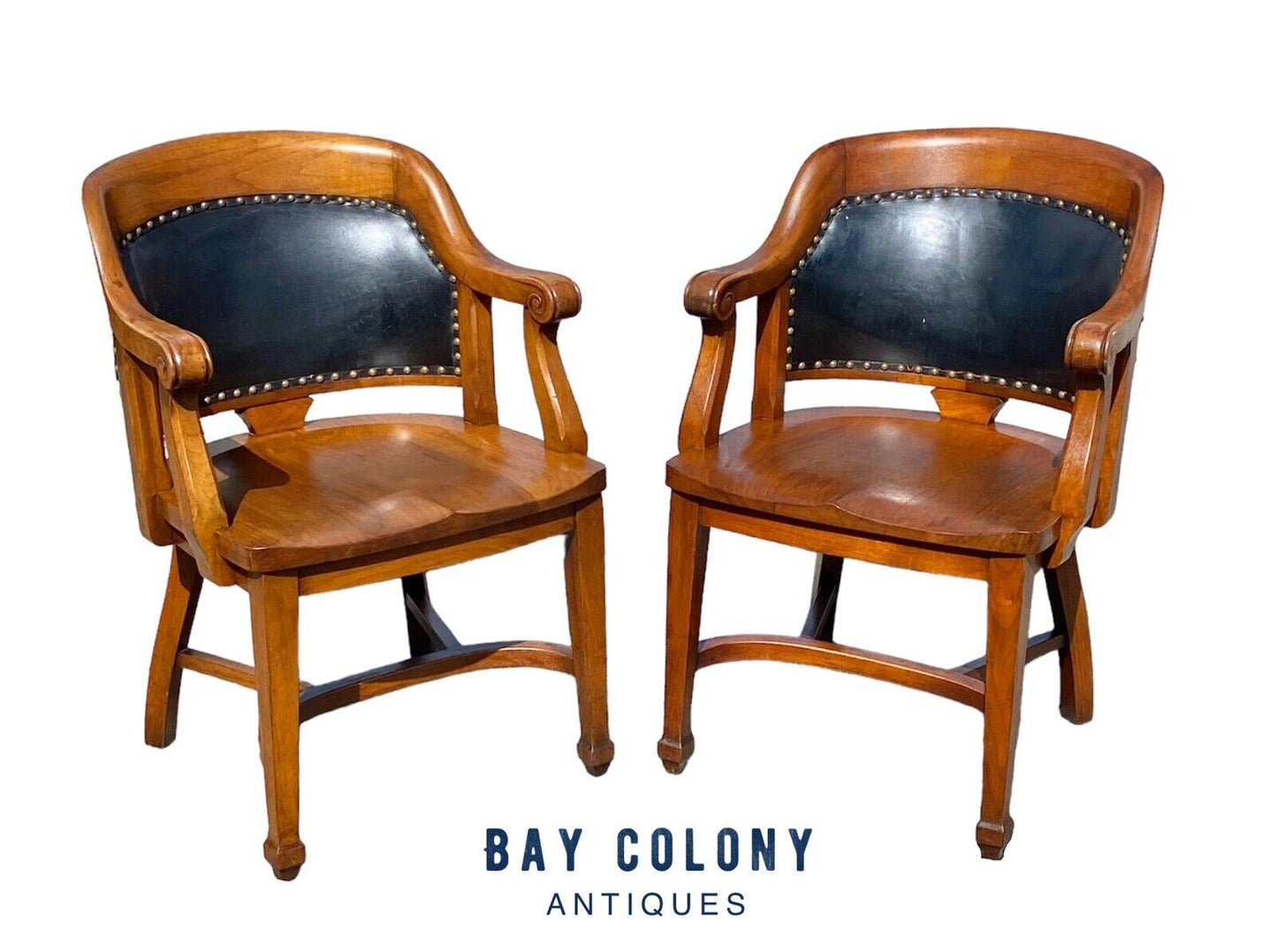 Antique Pair Of Walnut Armchairs with Leather Backs - Milwaukee Chair Company