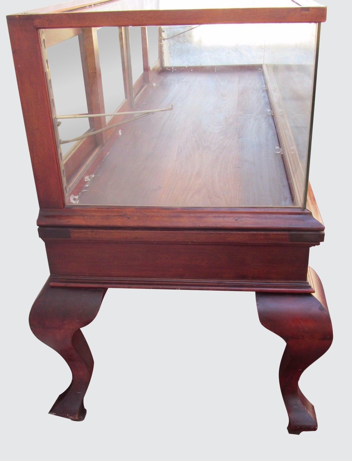 FANCY VICTORIAN BIRCH DISPLAY CASE ON TALL CABRIOLET LEGS