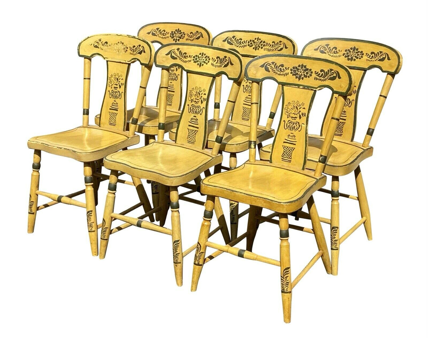 19TH C ANTIQUE SET OF 6 COUNTRY SHERATON YELLOW FANCY PAINT DINING CHAIRS
