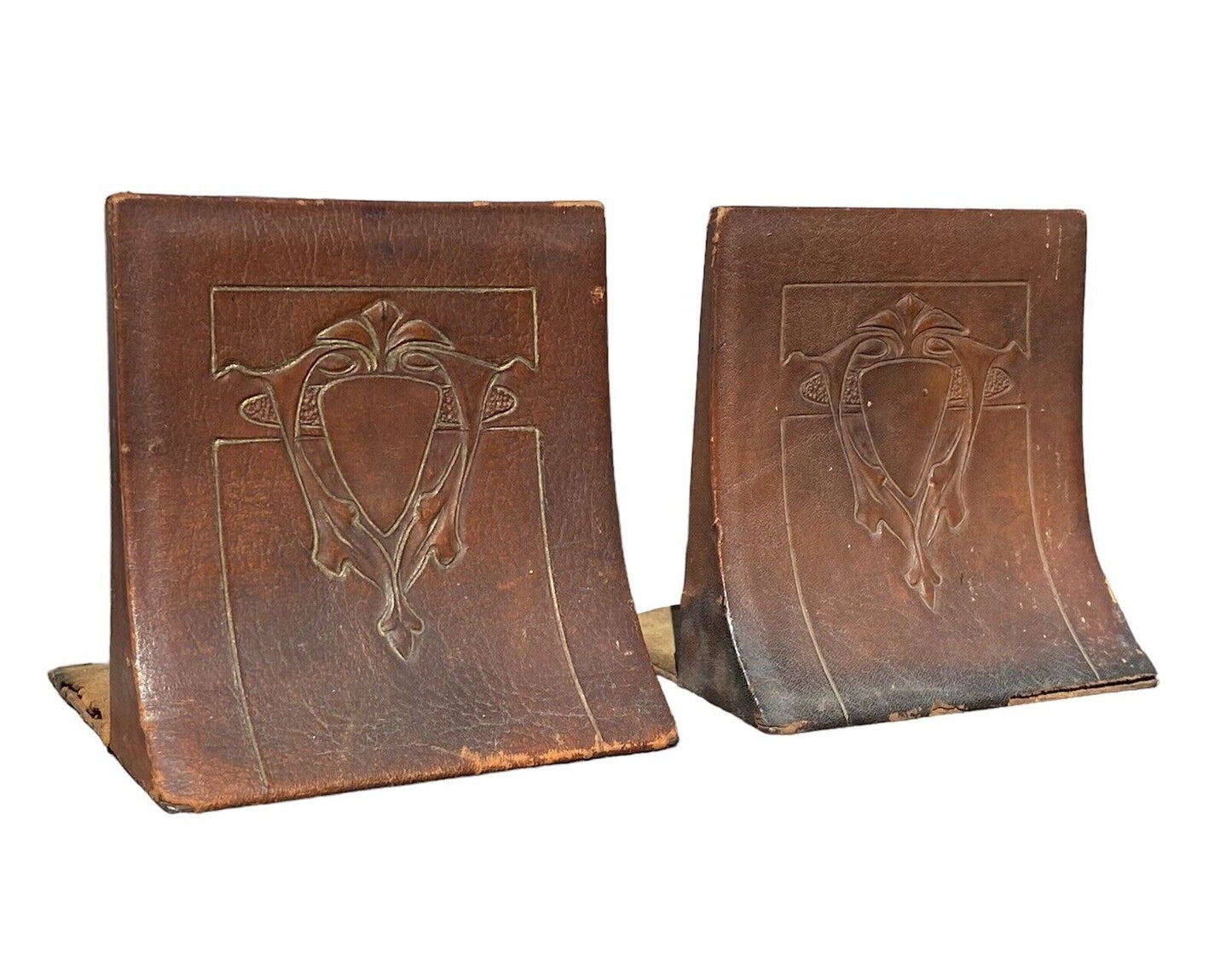 Antique Arts & Crafts Leather Cordova Shop Bookends - Buffalo NY