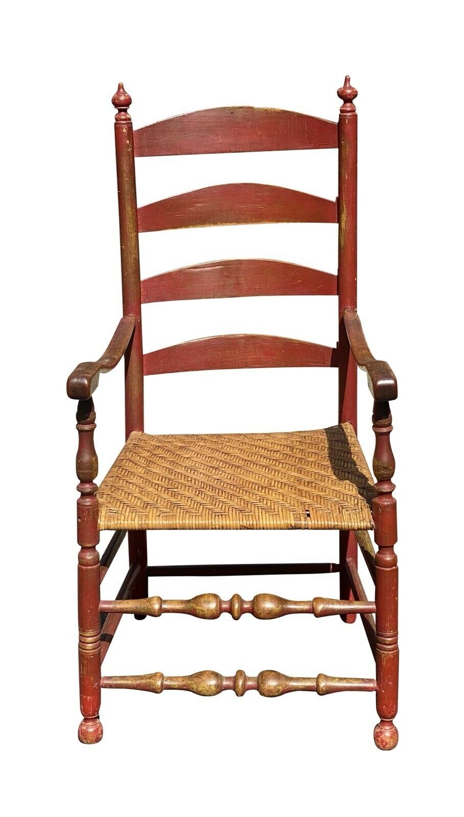 18TH C ANTIQUE QUEEN ANNE NEW ENGLAND LADDER BACK ARM CHAIR W/ SPLINT SEAT