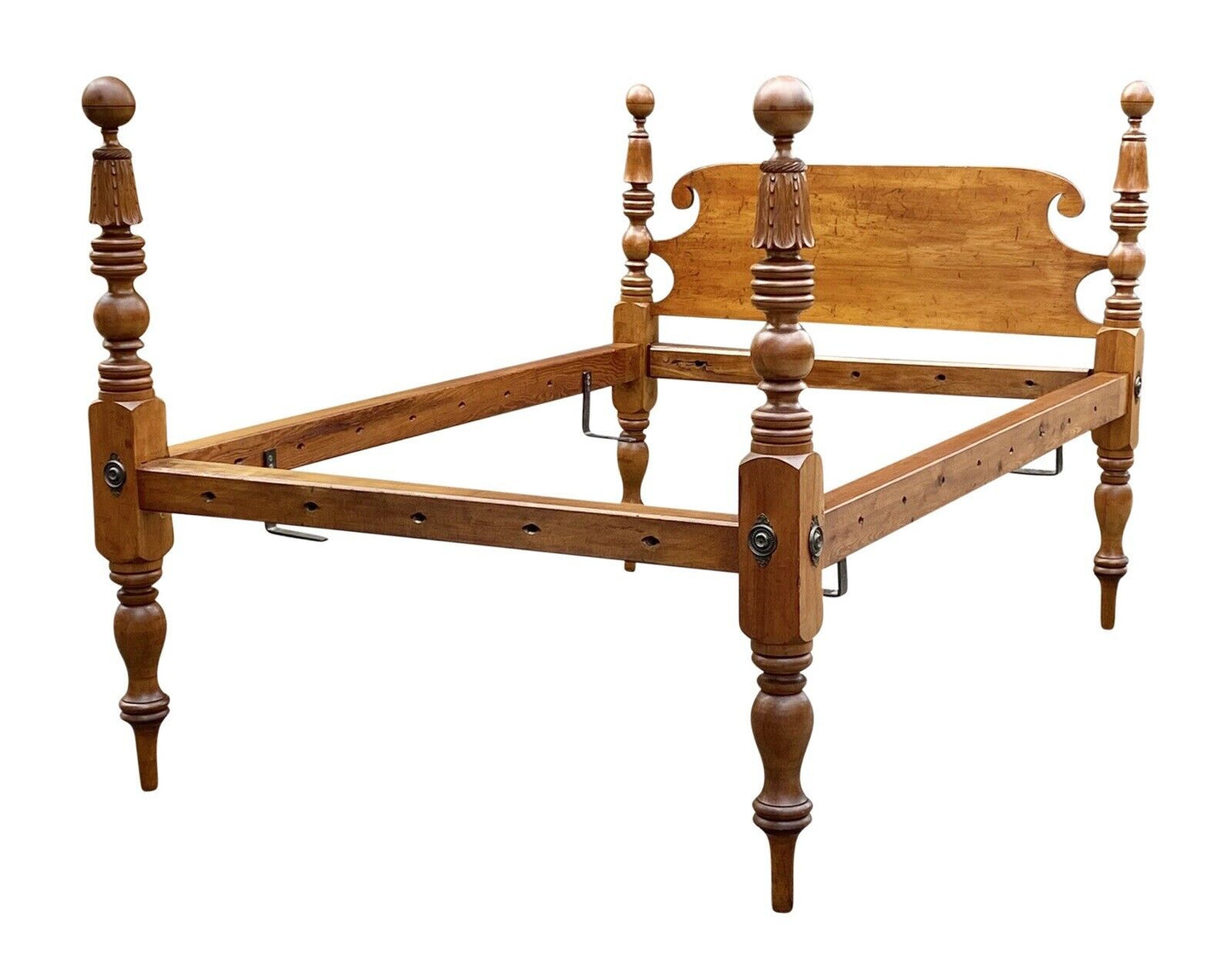 19th C Antique New England Sheraton Maple Cannonball Rope Bed W/ Carvings