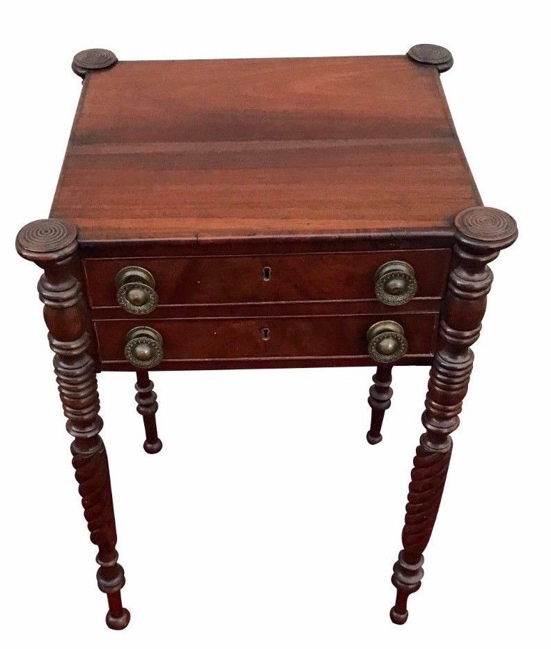 FINE SALEM MASSACHUSETTS SHERATON WORK TABLE WITH TURRET CORNERS & ROPE CARVINGS