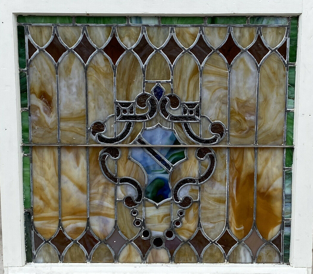 19TH C ANTIQUE VICTORIAN MULTI COLOR STAINED GLASS WINDOW ~ HERALDRY DESIGN