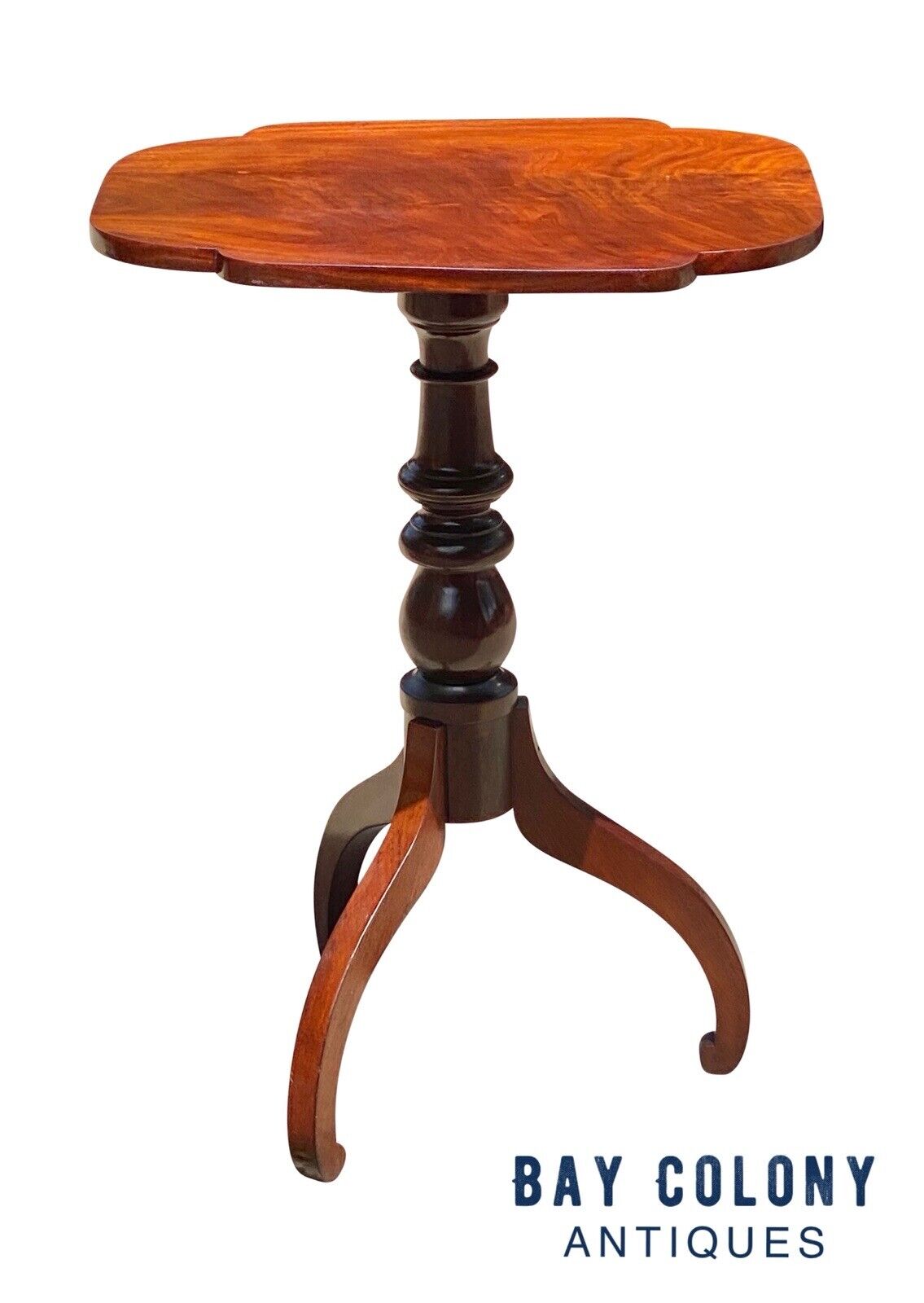 19th C Antique Boston Mahogany Tilt Top Candlestand W/ Scalloped Top