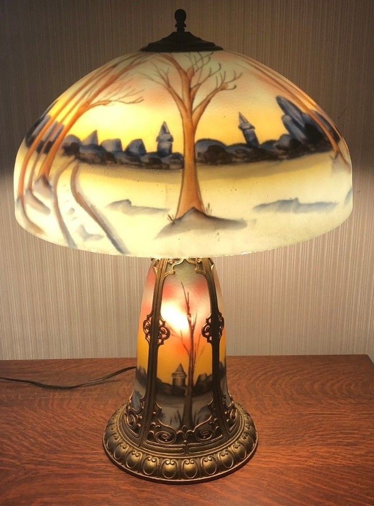 HANDEL CHIPPED ICE REVERSE GLASS PAINTED TABLE LAMP WITH LIGHTED BASE