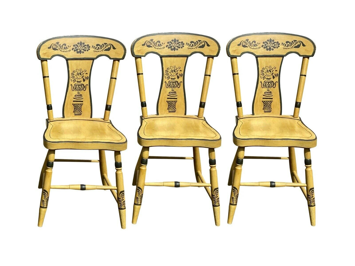 19TH C ANTIQUE SET OF 6 COUNTRY SHERATON YELLOW FANCY PAINT DINING CHAIRS