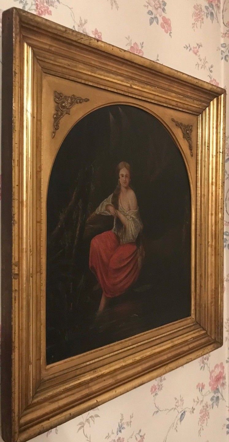 19TH CENTURY HUDSON RIVER VALLEY OIL ON CANVAS OF SEMI CLAD WOMAN IN MOONLIGHT