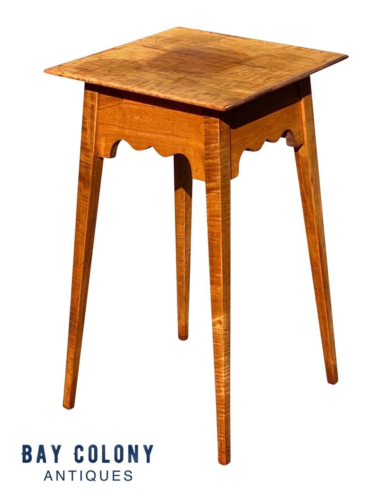 20th C Vintage Hepplewhite Style Tiger Maple Splayed Leg Worktable / Nightstand