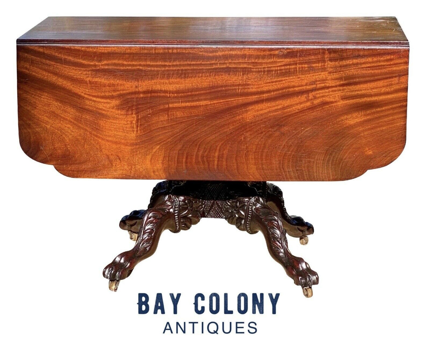 19th C Antique New York Heavily Carved Classical Mahogany Drop Leaf Dining Table