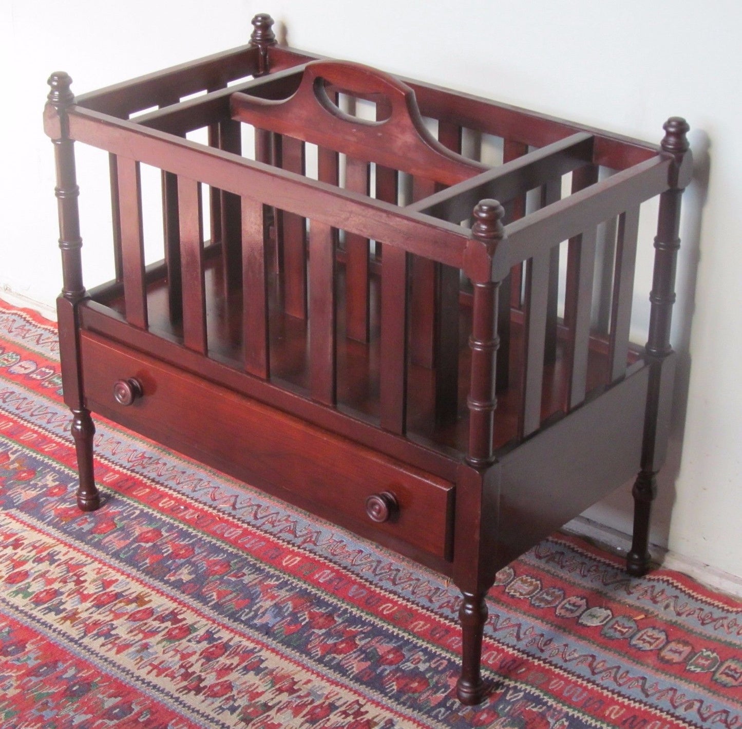 VINTAGE CHIPPENDALE STYLE MAHOGANY CANTERBURY WITH DRAWER