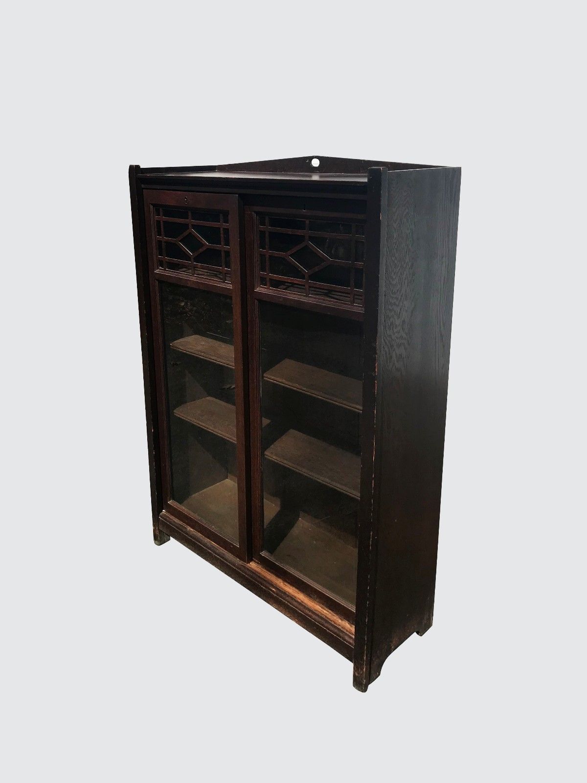 ANTIQUE ARTS & CRAFTS MISSION OAK SLIDING DOUBLE GLASS BOOKCASE W/ TENONED POST