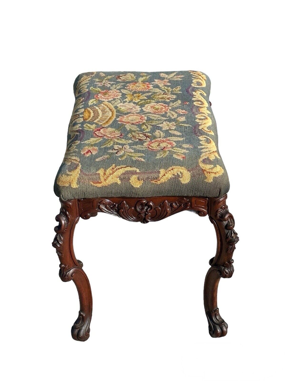 Antique French Louis XV Style Walnut Vanity Bench With Needlepoint Floral Basket