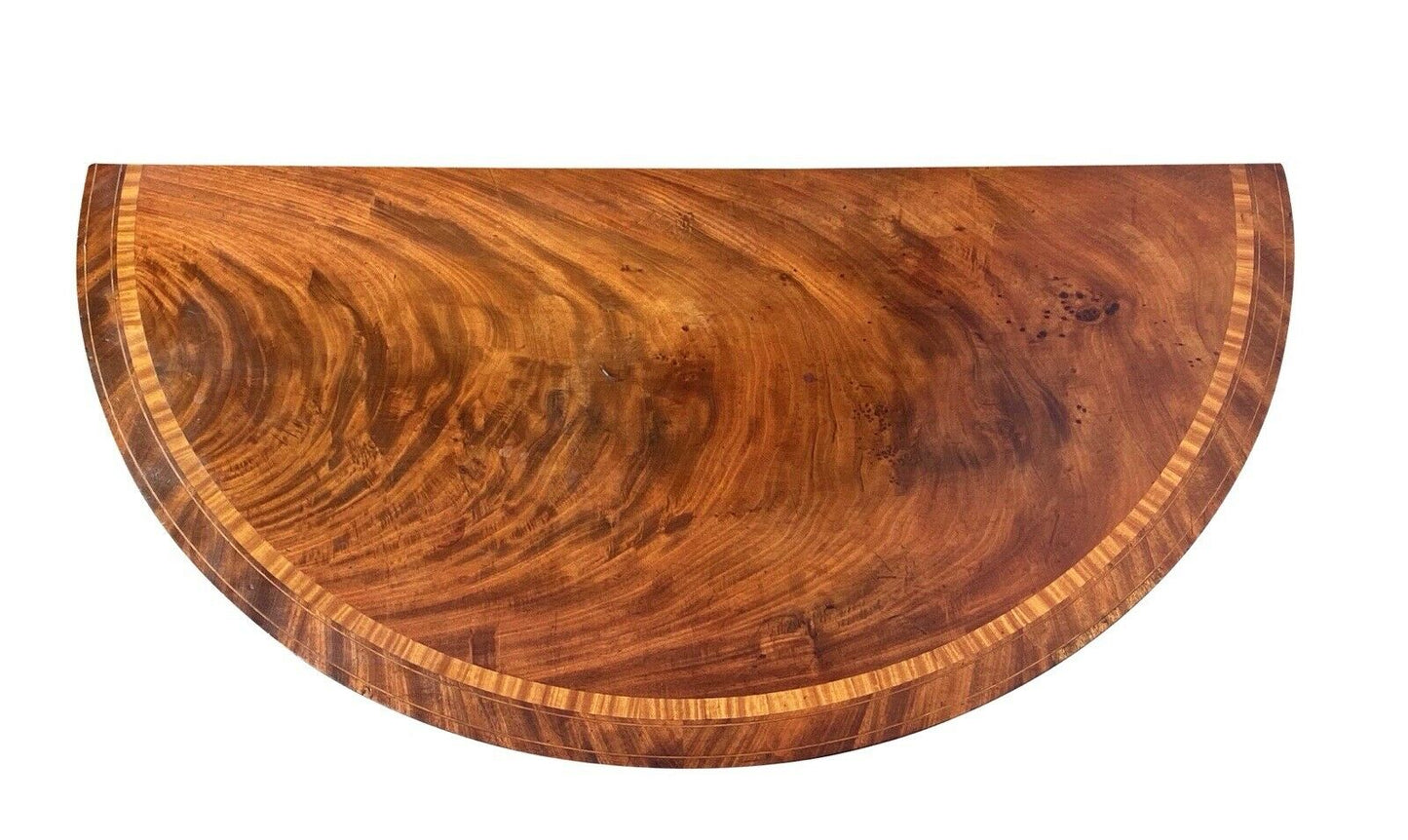 20th C Antique Mahogany Demilune Console Table W/ Satinwood Bellflower Inlays