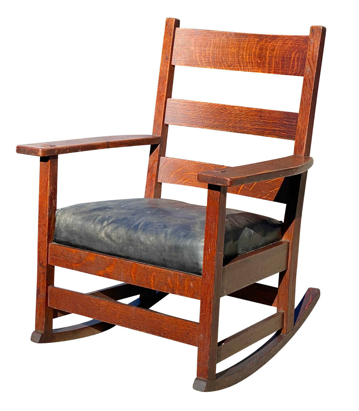 20TH C ANTIQUE ARTS & CRAFTS / MISSION OAK L&JG STICKLEY TIGER OAK ROCKING CHAIR