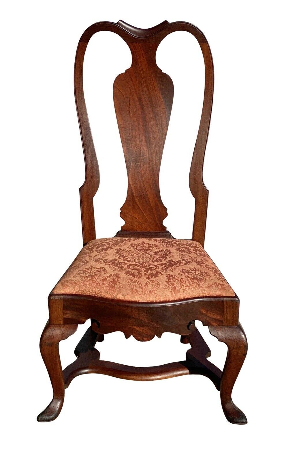 20th C Queen Anne Antique Style Boston Mahogany Side Chair W/ Flat Stretchers
