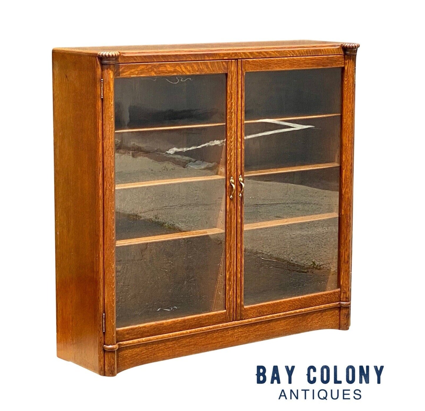 19th C Antique Victorian Tiger Oak Double Glass Door Bookcase / China Cabinet