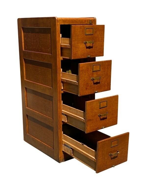 20TH C ANTIQUE ARTS & CRAFTS LIBRARY BUREAU 4 DRAWER TIGER OAK FILE CABINET