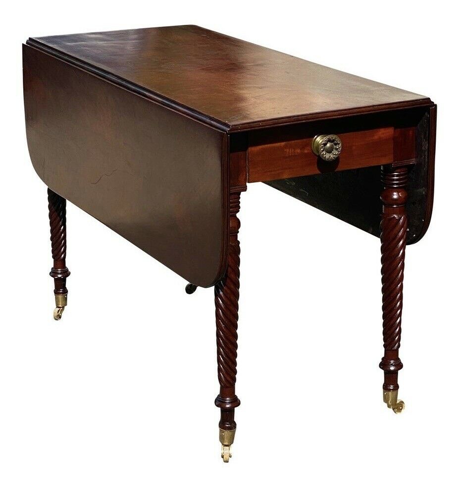 19TH C ANTIQUE SHERATON MAHOGANY DROP LEAF TABLE W/ ROPE CARVED LEGS