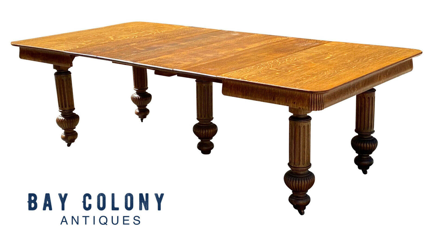 19TH C ANTIQUE VICTORIAN TIGER OAK DINING TABLE W/ CARVED LEGS ~ 48" X 94"