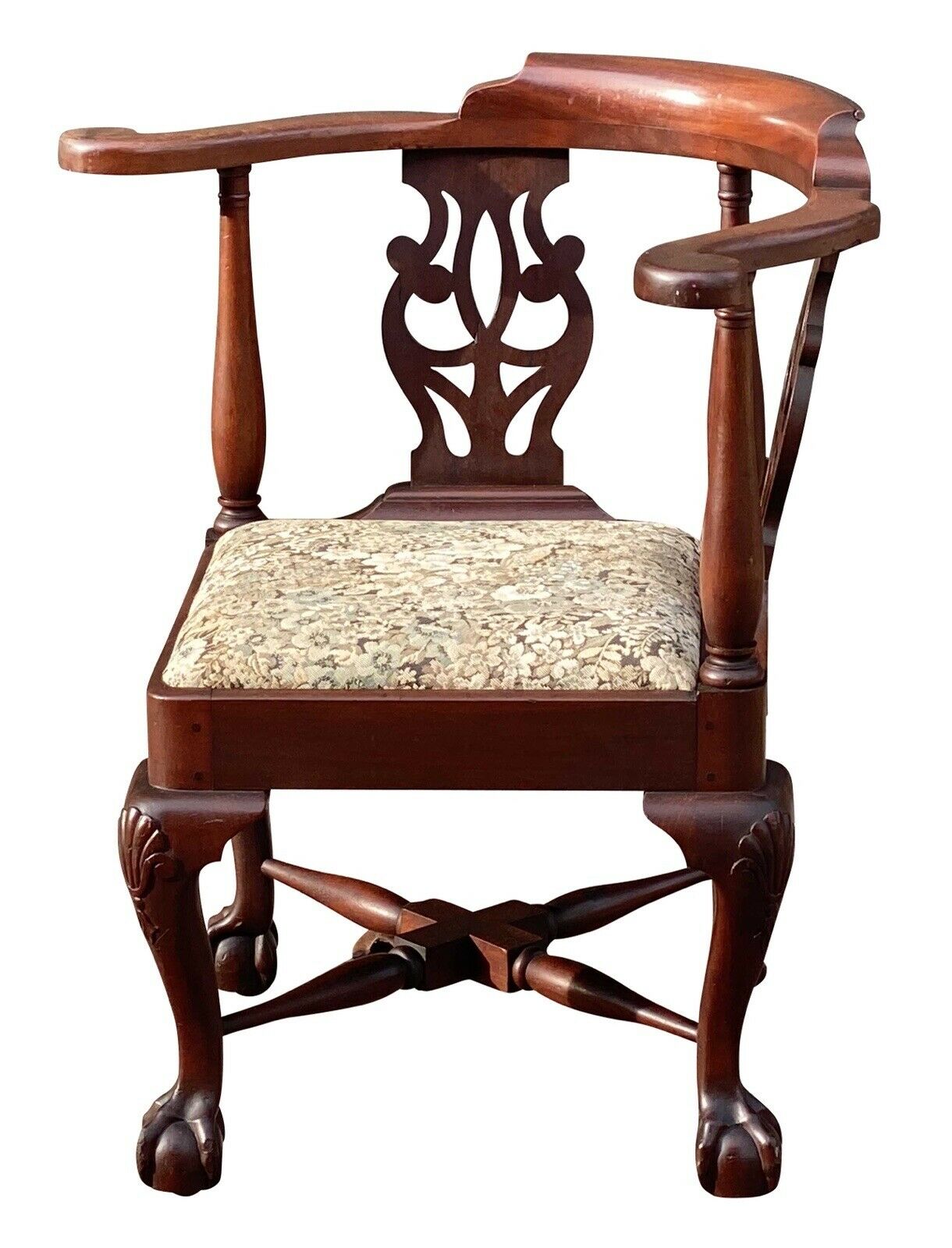 19th C Antique Chippendale Mahogany Roundabout / Corner Chair ~ Ball & Claw Feet