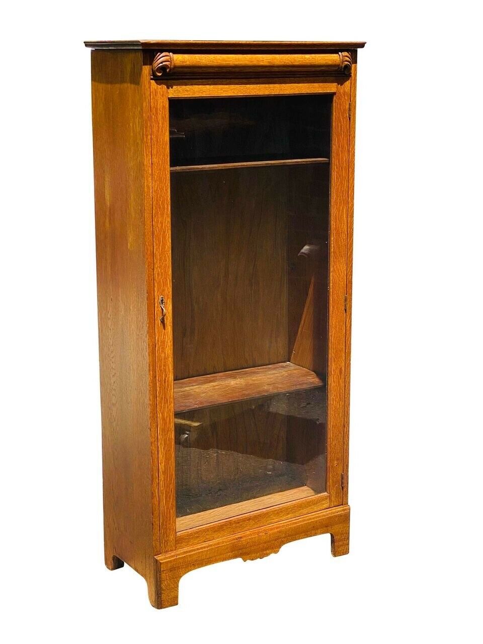19TH C ANTIQUE VICTORIAN TIGER OAK SINGLE DOOR BOOKCASE / CHINA CABINET