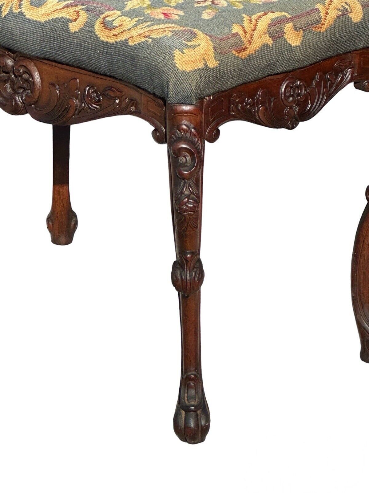 Antique French Louis XV Style Walnut Vanity Bench With Needlepoint Floral Basket