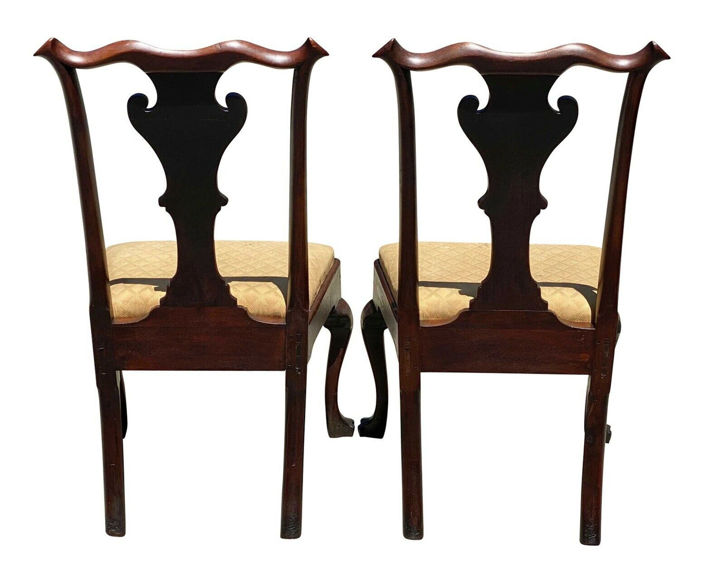 18TH C ANTIQUE PAIR OF PENNSYLVANIA CHIPPENDALE WALNUT TRIFID FOOT SIDE CHAIRS