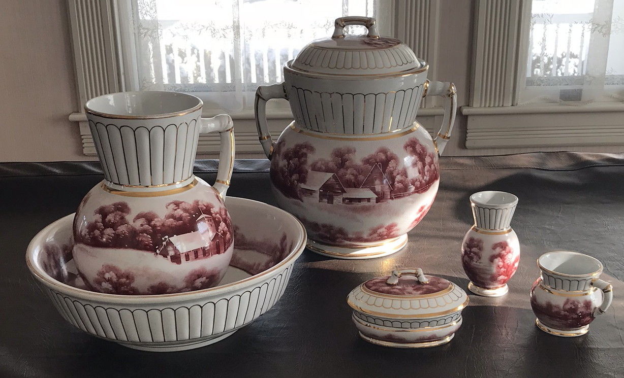 EXCELLENT COMPLETE 6 PC STONE CHINA TOILETRY COMMODE CHAMBER POT SET