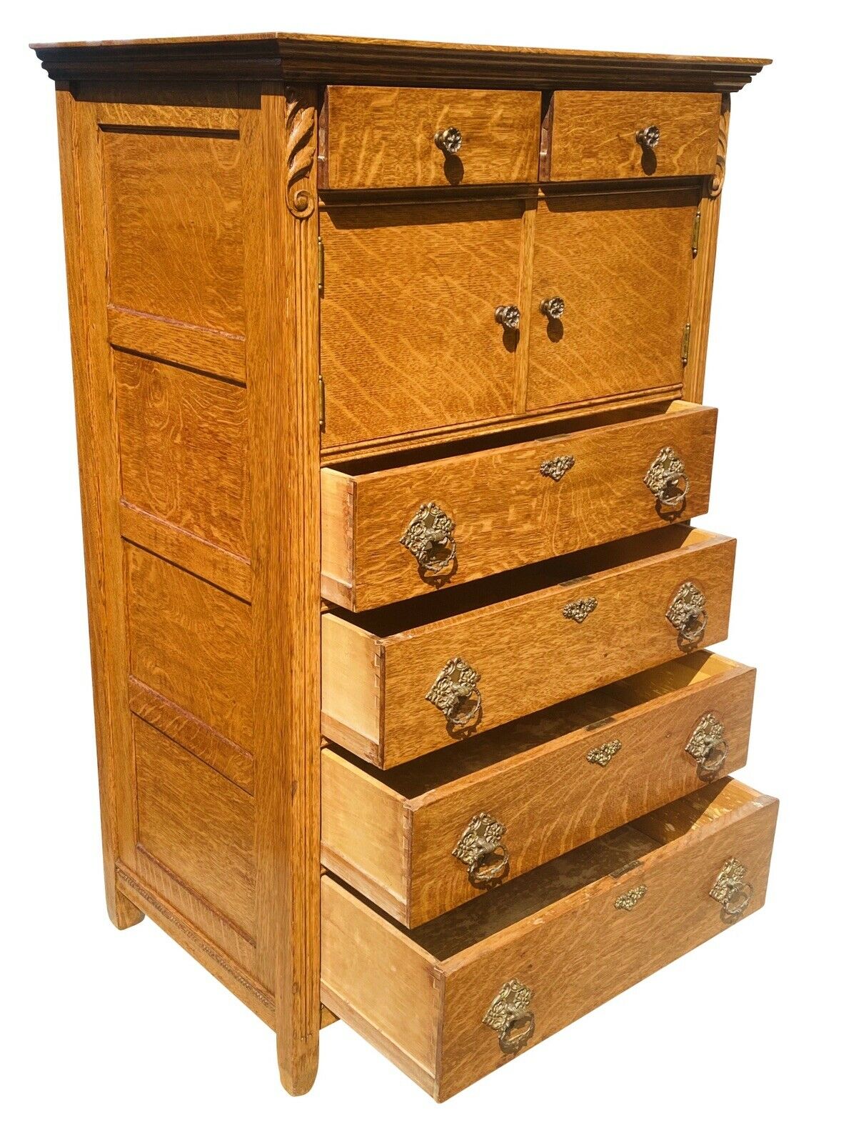 19TH C ANTIQUE VICTORIAN TIGER OAK HAT BOX DRESSER / TALL CHEST